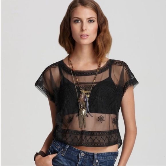 Free People Tops - Free People Vicki Lace Embroidered Mesh Crop Top Size S